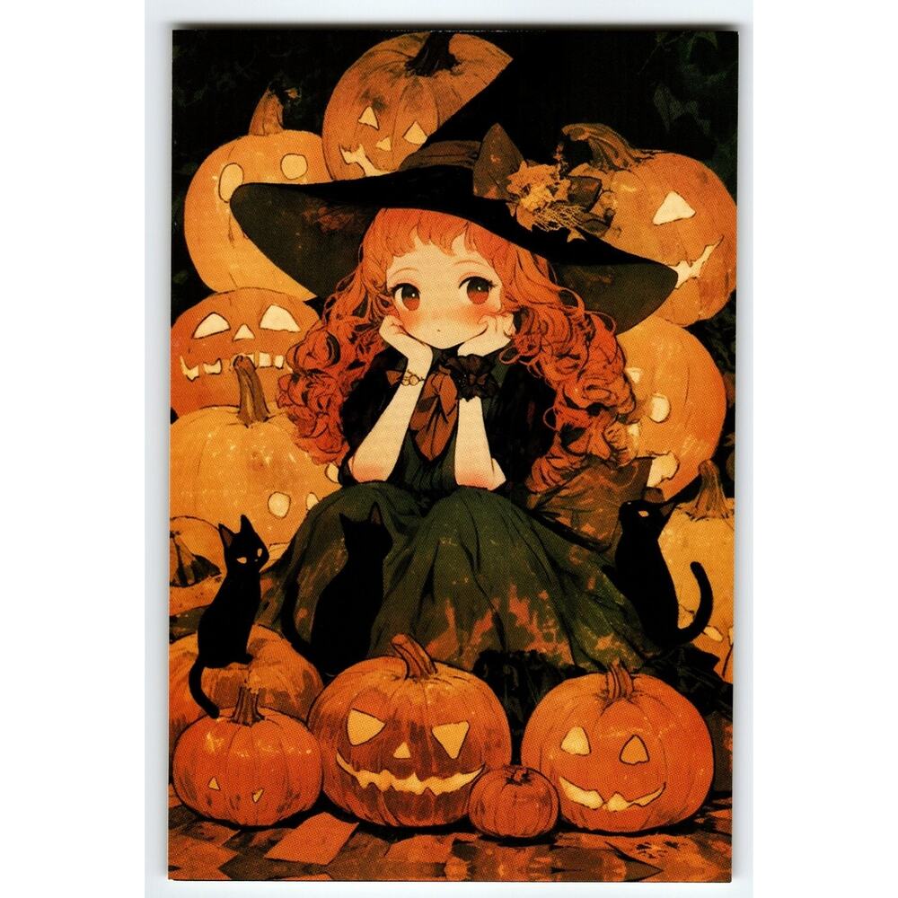 Cute Halloween Witch Girl with Pumpkins & Black Cats Vintage Postcard